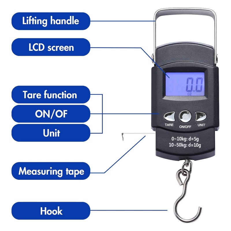 KABUDA 2 Pack Fish Scales, Portable Luggage Weight Scale with Backlit LCD Display 110lb / 50kg Electronic Balance Fishing Postal Hanging Hook Scale with 3.28 ft Measuring Tapes & 4 AAA Batteries (Black) - Image 3